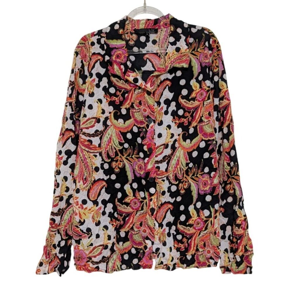 Liv by Habitat Floral Shirt Womens Size Medium Black Crinkle Polka Dot Button Up